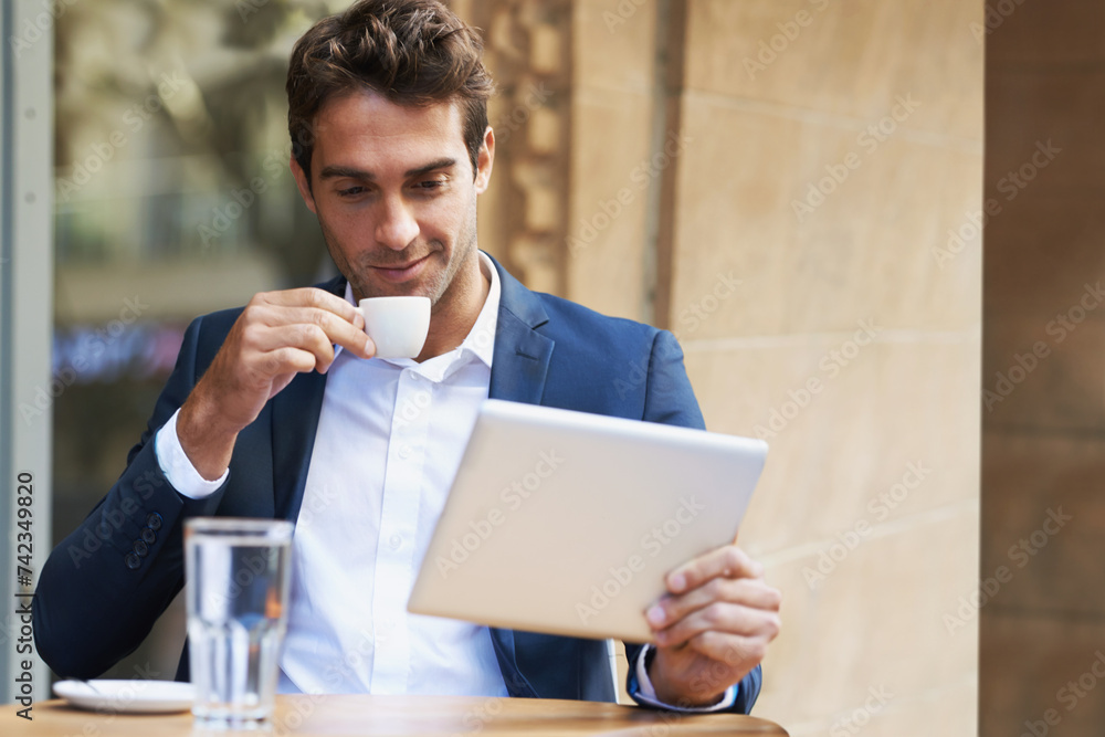 Poster Businessman, outdoor and reading at cafe with tablet for news, article or internet research in London. Online, communication and drink espresso with tech for social media and scroll blog on website