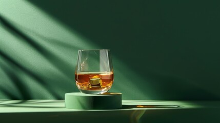A glass of whiskey on a podium on a green background. Yellow liquid in a glass glass. - obrazy, fototapety, plakaty