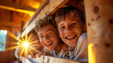 Group of happy kids having fun in a summer camp dormitory bedroom with bunk beds - obrazy, fototapety, plakaty