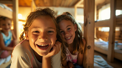 Group of happy kids having fun in a summer camp dormitory bedroom with bunk beds