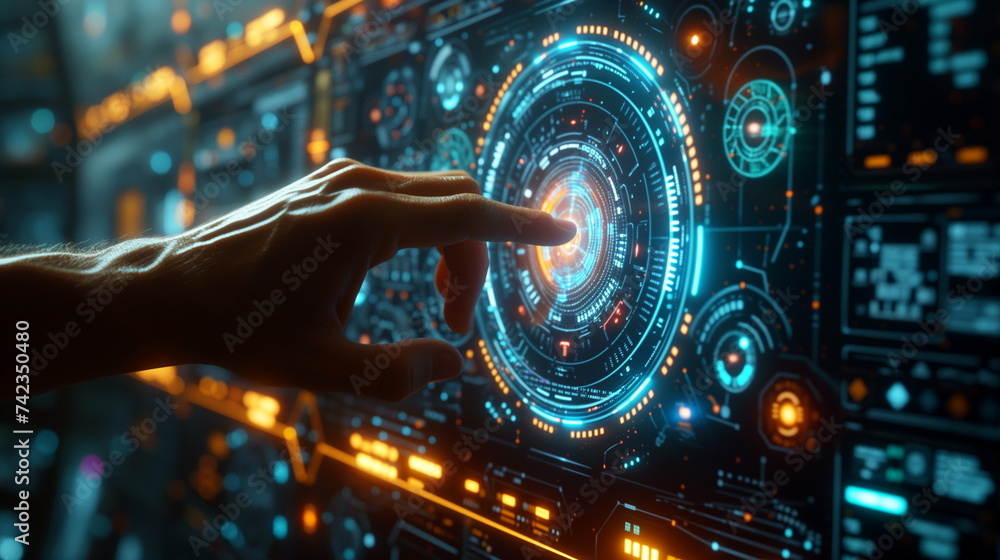 Aufkleber hand interacting with a futuristic holographic display with circular interface