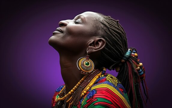 A woman with dreadlocks gazes upward at the sky in contemplation
