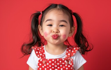 A young girl with a multiethnic background wearing a red polka dot dress pulls a silly expression for the camera - Powered by Adobe