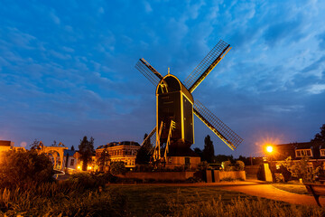 Historic Leiden, windmill De Put in twilight, shot during blue hour, in The Netherlands.