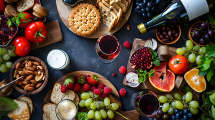 Assorted Fresh Fruits, Nuts, and Wine Setup for Gourmet and Mediterranean Diet Concepts