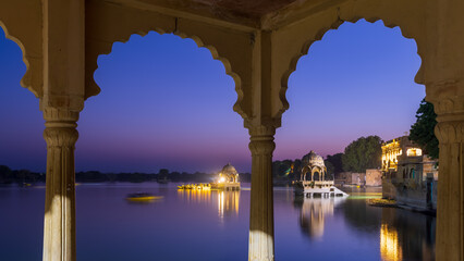 Historic Chhatri, an elevated dome pavilions in Gadisar lake, Rajasthan, India.