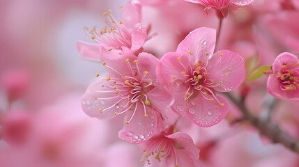 Pink Cherry Blossom Close-Up with Water Droplets for Springtime and Nature Background Concepts