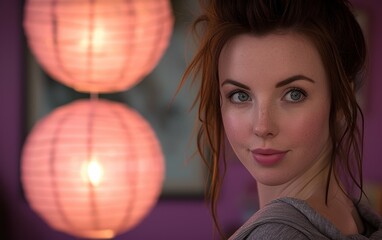 Naklejka premium A multiracial woman stands in front of a lamp, casting a shadow on the wall behind her