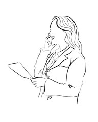 Black line art silhouette of a beautiful woman, hair flowing, lost in a book's embrace 
