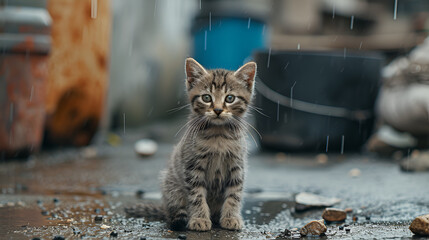 Sad abandoned hungry kitten sitting in the street, generative ai