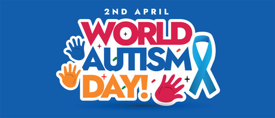 World Autism Day. 2nd April World Autism day celebration banner with colour full text and puzzle pieces and blue ribbon. Autism day awareness banner in dark blue background. Accepting autistic people.