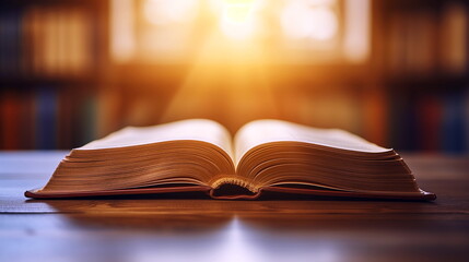 Open book on a wooden table with sunlight streaming in from the window behind