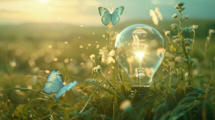 lightbulb light bulb shining with butterflies in fresh green fields