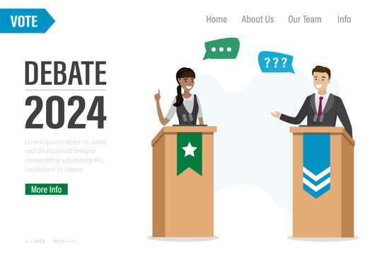 Debate before vote 2024 year, landing page template. Cartoon leaders of political parties conducting discussion on public debates.