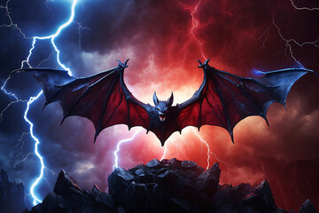 bat with lightning fantasy background with blue and red lighting - obrazy, fototapety, plakaty