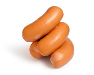 Pile of thick sausages on white background. Sausages isolated. With a shadow.