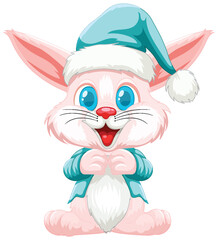 Cute rabbit dressed in holiday attire, smiling joyfully.