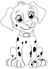 Black and white drawing of a happy dalmatian puppy.