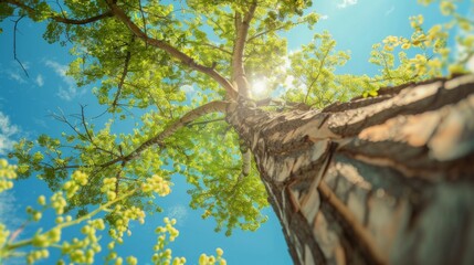 Fototapeta premium Big tree view from below. Closeup tree trunk with bark and branches with leaves. An unusual perspective on the forest and nature