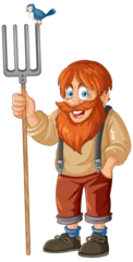  Smiling bearded farmer holding a pitchfork with bird. © GraphicsRF