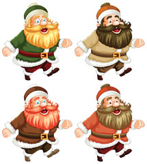 Four cheerful dwarves dressed in holiday costumes.