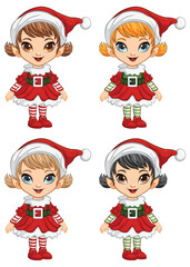 Four cartoon elves in festive Christmas attire.