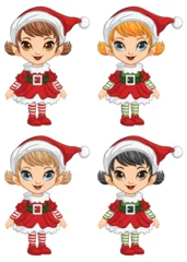 Fototapeten Four cartoon elves in festive Christmas attire. © GraphicsRF
