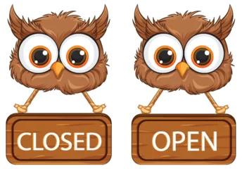 Fotobehang Kinderen Two cartoon owls with signboards showing status