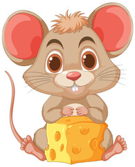 Adorable cartoon mouse holding a large cheese block