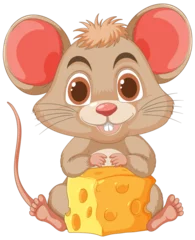 Peel and stick wall murals Kids Adorable cartoon mouse holding a large cheese block