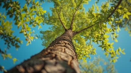 Fototapeta premium Big tree view from below. Closeup tree trunk with bark and branches with leaves. An unusual perspective on the forest and nature