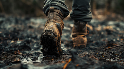 Obraz premium Muddy boots treading through a wet trail.