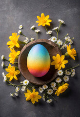 a amazing colorful easter egg on a plate and delicate little flowers, minimalistic photo