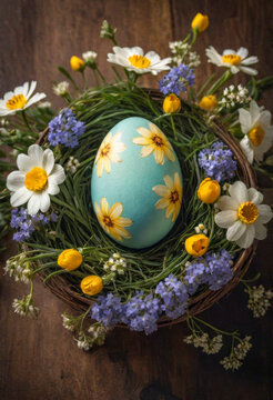 a amazing colorful easter egg in the basket and delicate little flowers, minimalistic photo