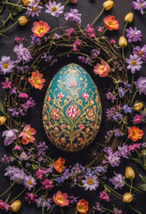 a amazing colorful easter egg and delicate little flowers, Art Deco, Barroco, Rococo, minimalistic photo
