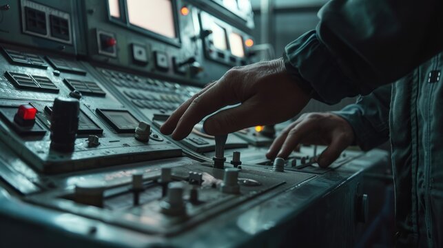 Engineers man programming machines to process recycled plastic materials efficiently on the control room background.
