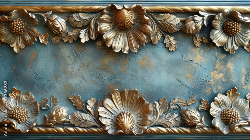 Poster an intricate stenciled border frames a plain mirror giving it a unique and ornamental touch.