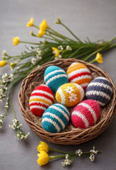 a amazing colorful knitted easter eggs in the basket, Easter style, minimalistic photo