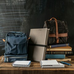 desk with stack of books and bags. back to school concept