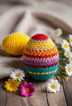 a amazing colorful knitted easter eggs, Easter style, minimalistic photo