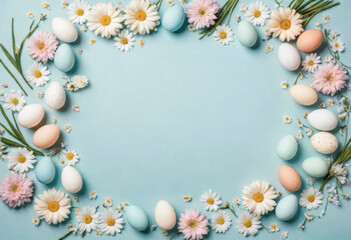 Lots of delicate flowers and painted Easter eggs, copy space for your inscription, minimalistic photo