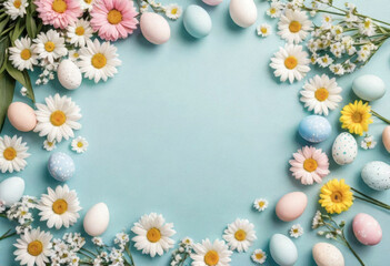 Fototapeta na wymiar Lots of delicate flowers and painted Easter eggs, copy space for your inscription, minimalistic photo