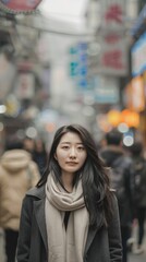 Fototapeta premium A young Asian woman standing out in a crowded street