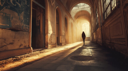 Fototapeta premium Figure walking in a sunlit old corridor.
