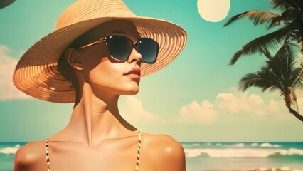 Woman and fashion at tropical beach abstract background. Retro style. Generative ai.