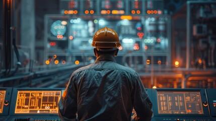 Fototapeta premium Engineers man programming machines to process recycled plastic materials efficiently on the control room background.