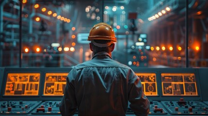 Engineers man programming machines to process recycled plastic materials efficiently on the control room background.