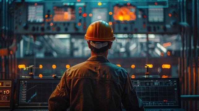 Engineers man programming machines to process recycled plastic materials efficiently on the control room background.