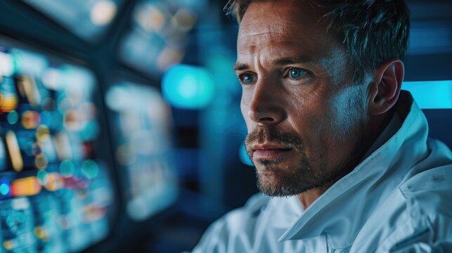 Engineers man programming machines to process recycled plastic materials efficiently on the control room background.