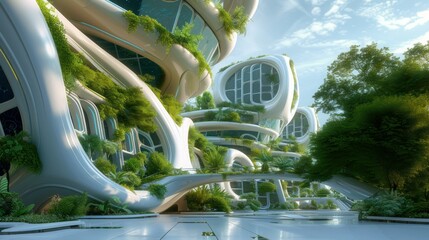 Green futuristic modern building, forest apartment gardens on balconies. Modern sustainable architecture
